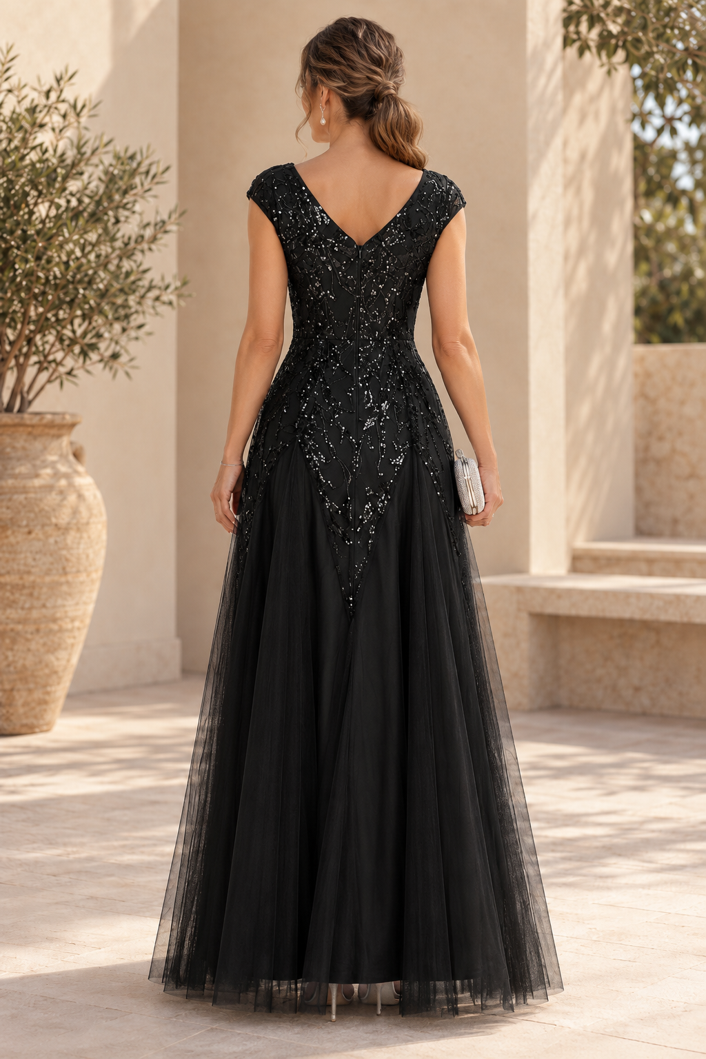 Sequin Bodice V-Neck Tulle A-Line Evening Gown