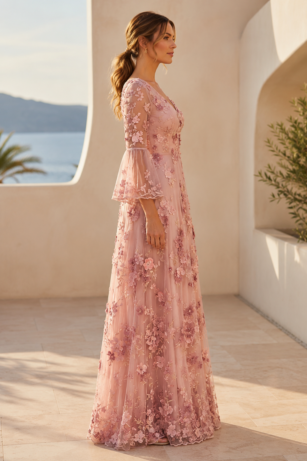 3D Floral Applique A-Line Gown with Bell Sleeves