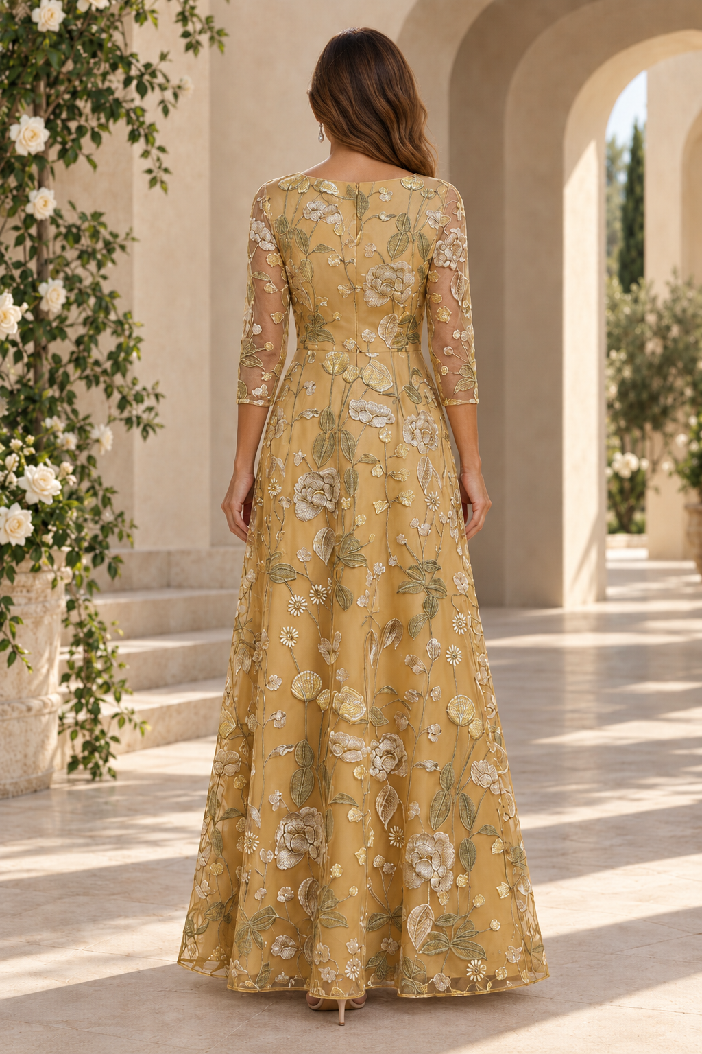 Floral Embroidered A-Line Gown with 3/4 Sleeves