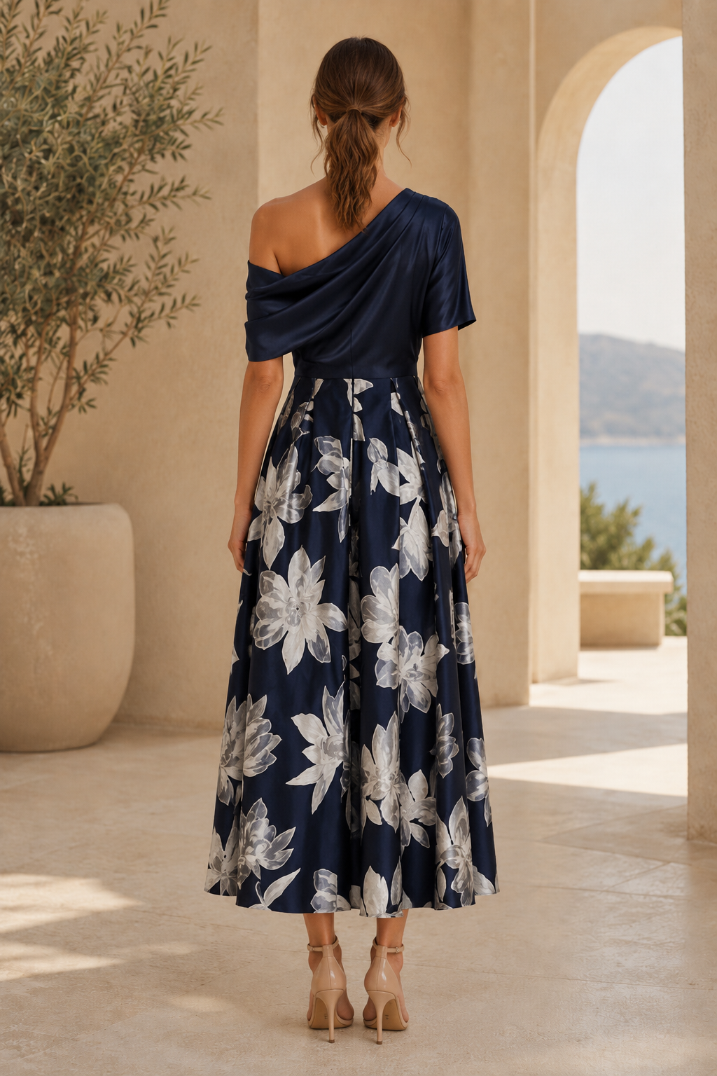 One-Shoulder Floral Jacquard Midi Dress