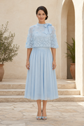 Sheer Floral Cape Midi Dress with Tie-Neck Bow
