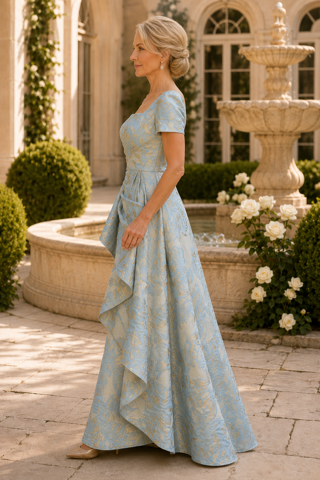 Short Sleeve Cascading Ruffle Jacquard A-Line Gown