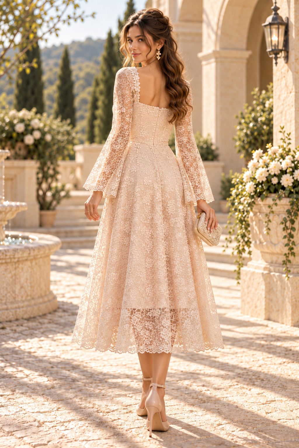 Lace Bell Sleeve A-Line Midi Dress