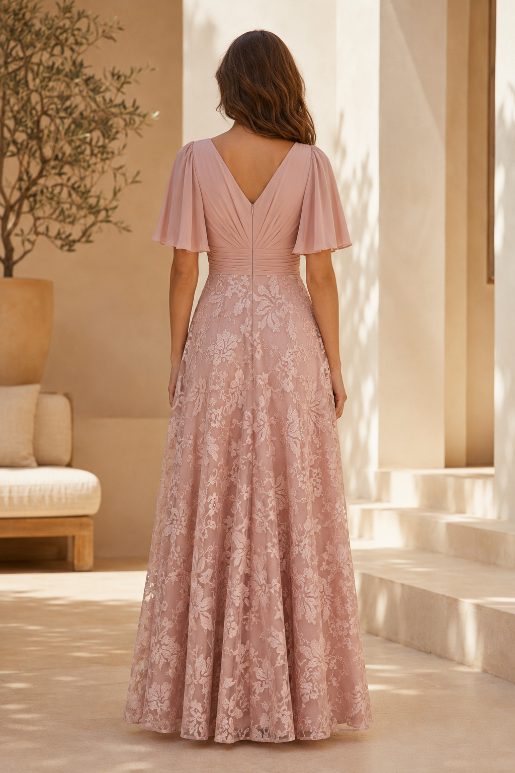 Flutter Sleeve Lace Maxi Dress with Pleated Bodice