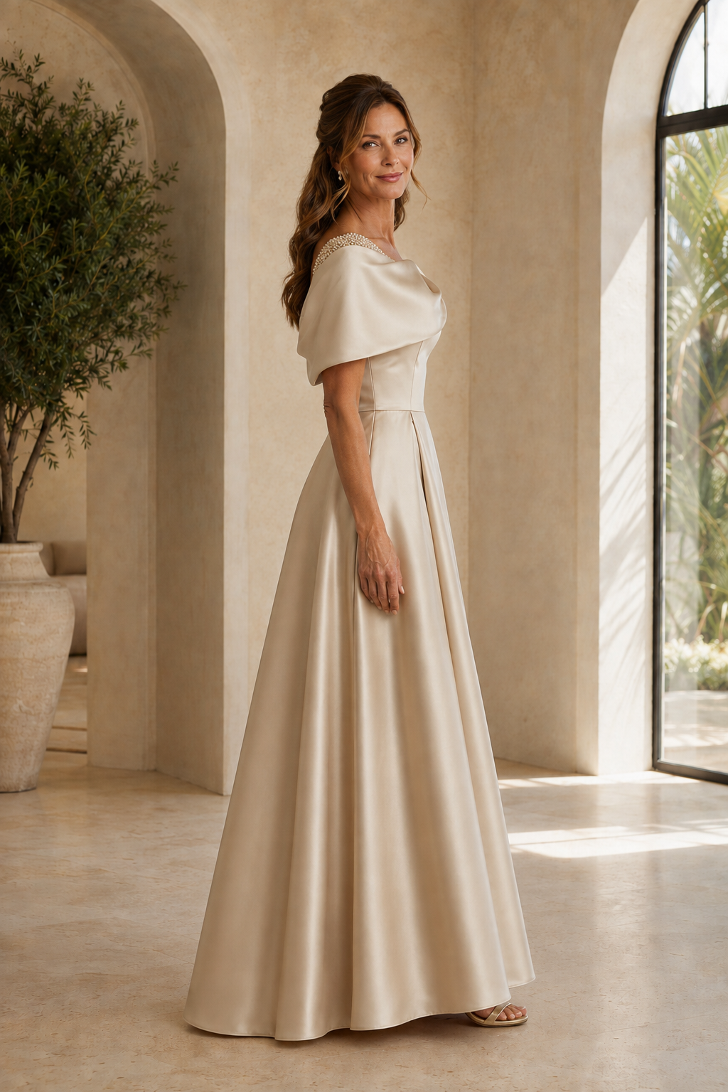 Satin A-Line Gown with Beaded Capelet