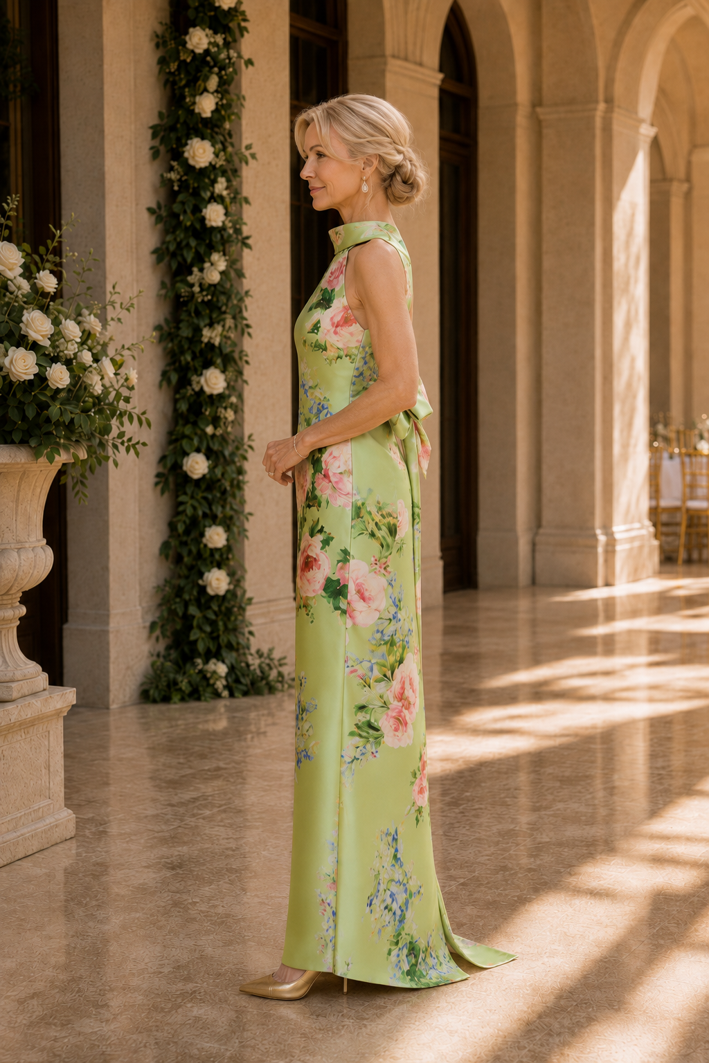 Floral Print High Neck Maxi Dress with Bow