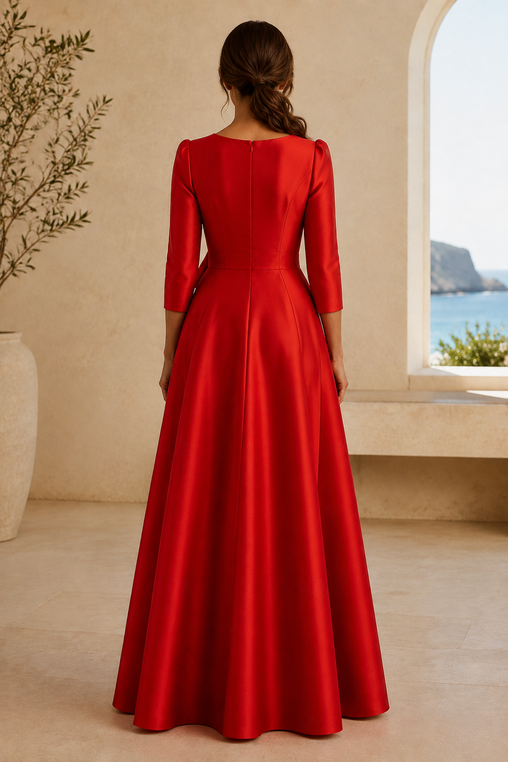 A-Line Satin Evening Gown with Bow Waist