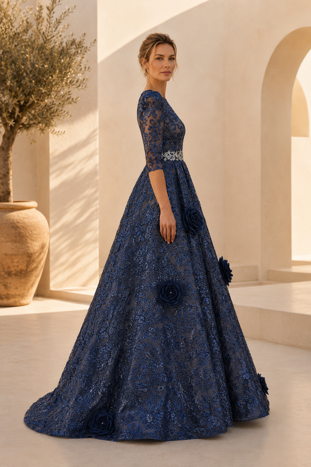 3D Floral Applique Lace Gown with Beaded Waist