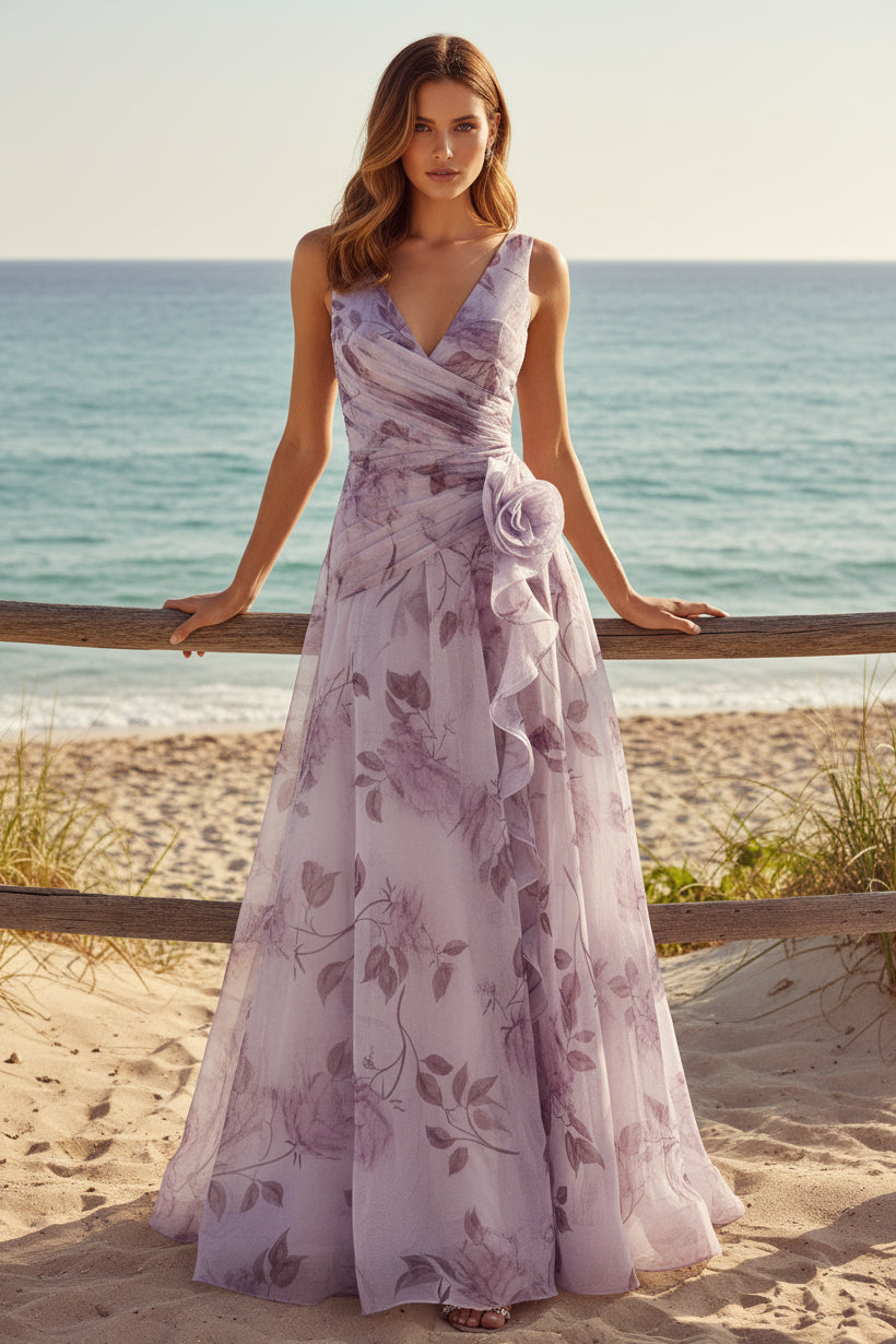 Floral Chiffon Wrap A-Line Formal Gown