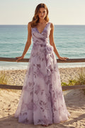 Floral Chiffon Wrap A-Line Formal Gown