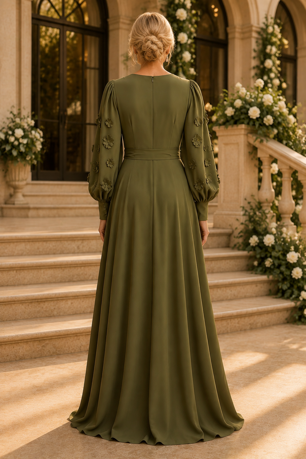 A-Line Wrap Evening Dress with 3D Flower Sleeves