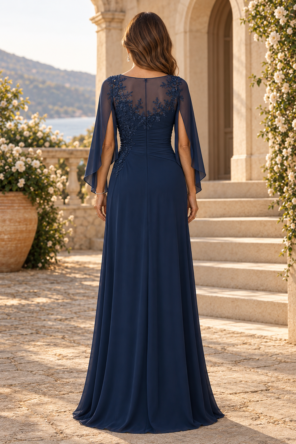 Illusion Neckline Cape Evening Gown with Appliques