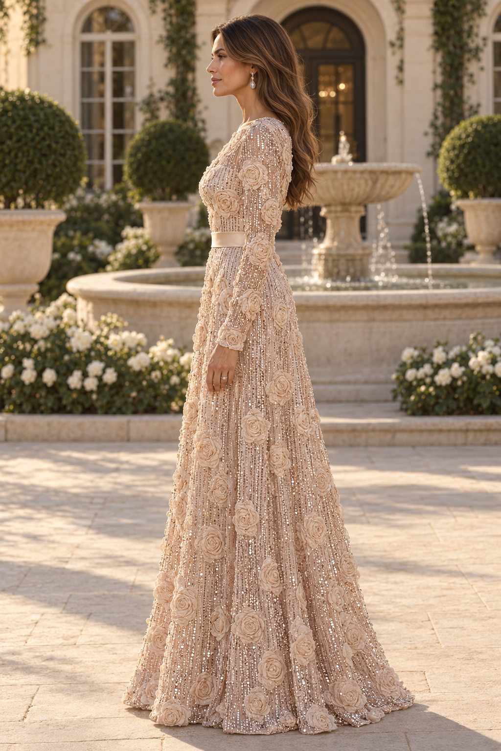3D Floral Sequin Long Sleeve A-Line Evening Gown