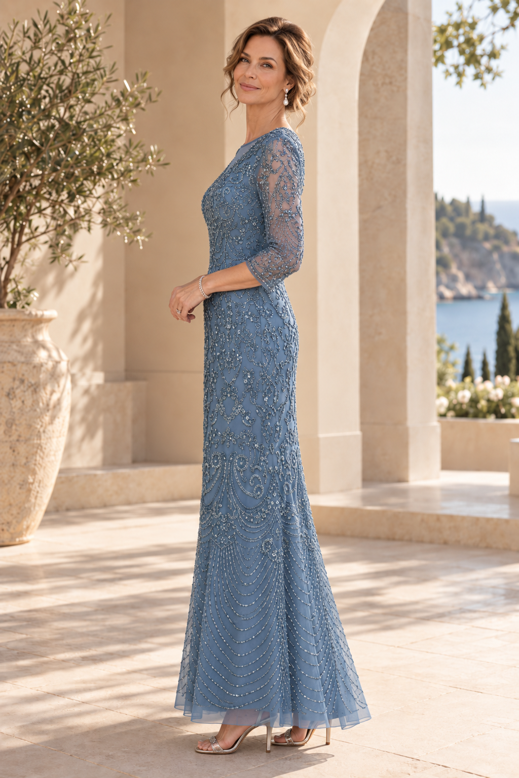 Beaded Sheath Gown with Illusion Neckline