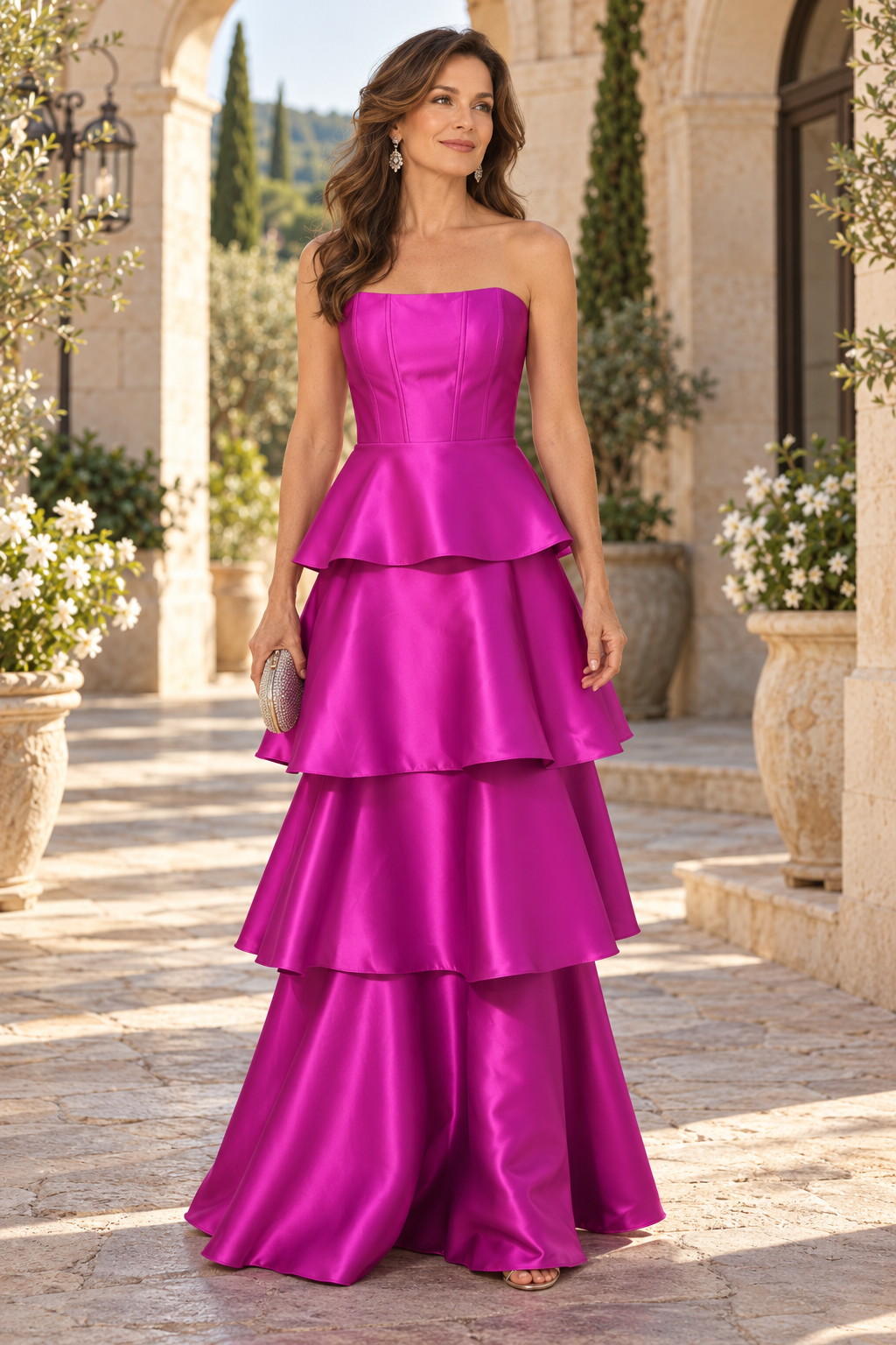 Strapless Tiered Satin Evening Gown