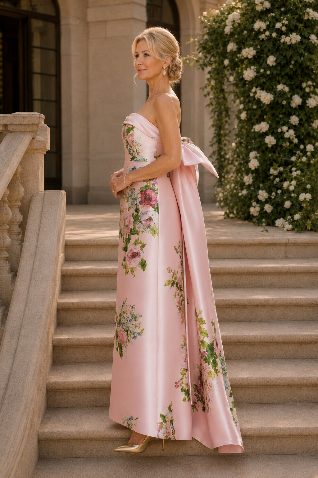 Strapless Floral Satin A-Line Gown with Back Bow