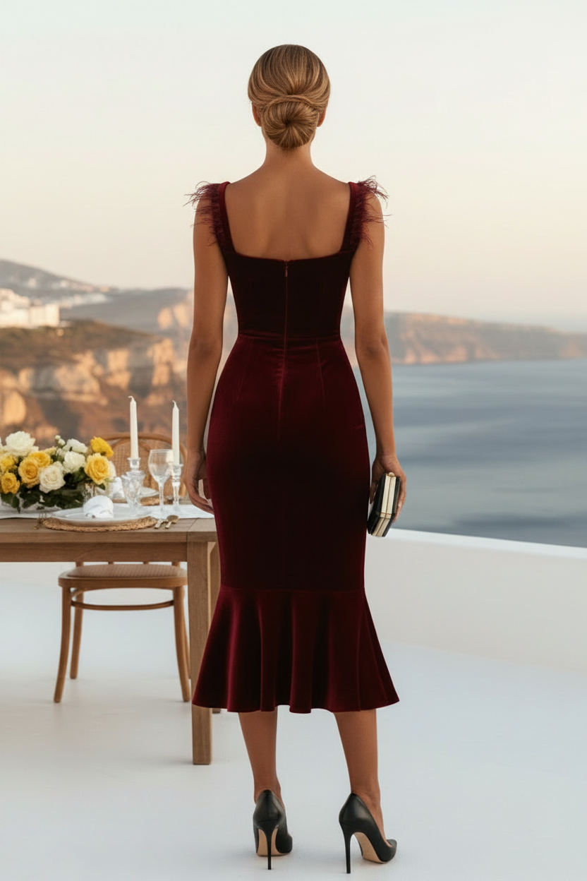 Feather Shoulder Velvet Midi Dress