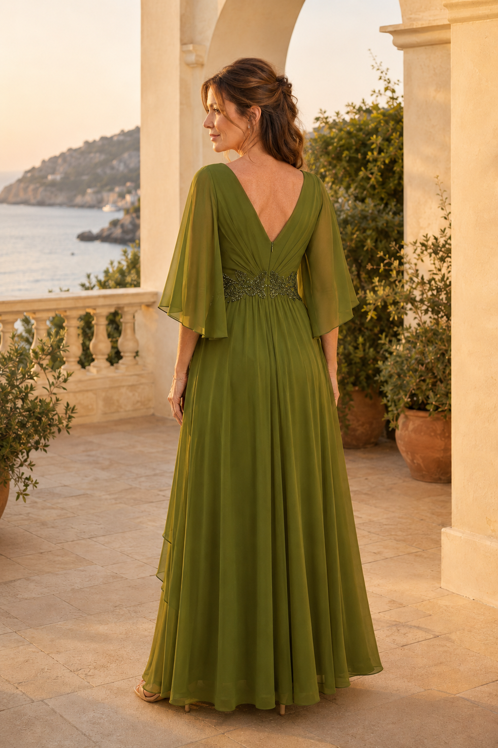 Flutter Sleeve V-Neck A-Line Gown with Beaded Waist