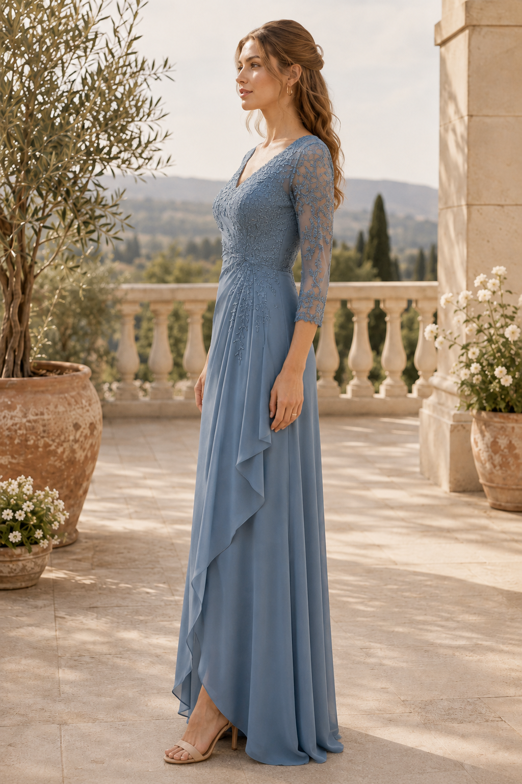 Lace Bodice 3/4 Sleeve Draped Maxi Dress