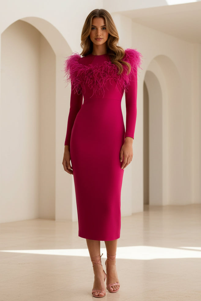 Feather Shoulder Open Back Midi Dress