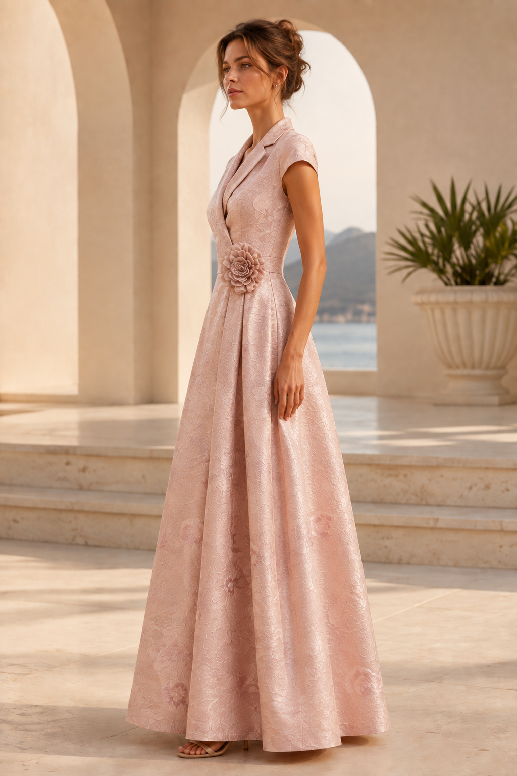 Collared Brocade A-Line Gown with 3D Flower