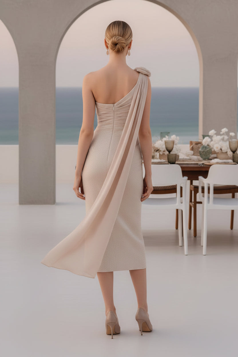 Asymmetrical Sequin Midi Dress with 3D Flowers