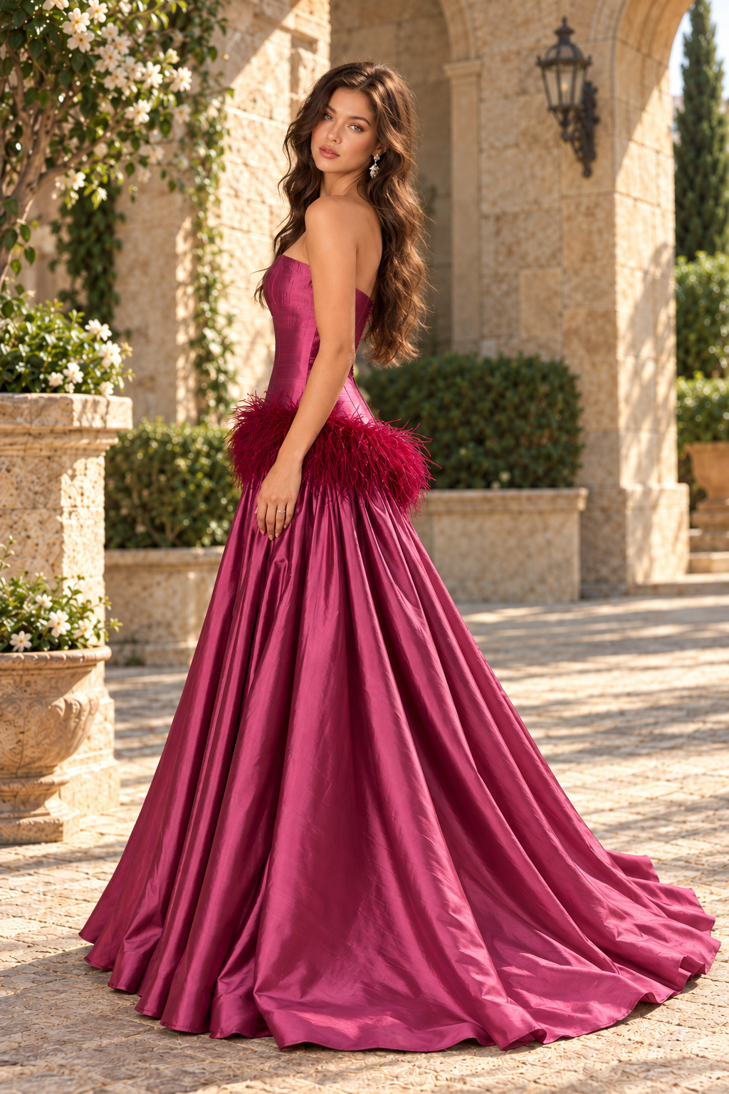 Strapless Feather Drop Waist Ball Gown