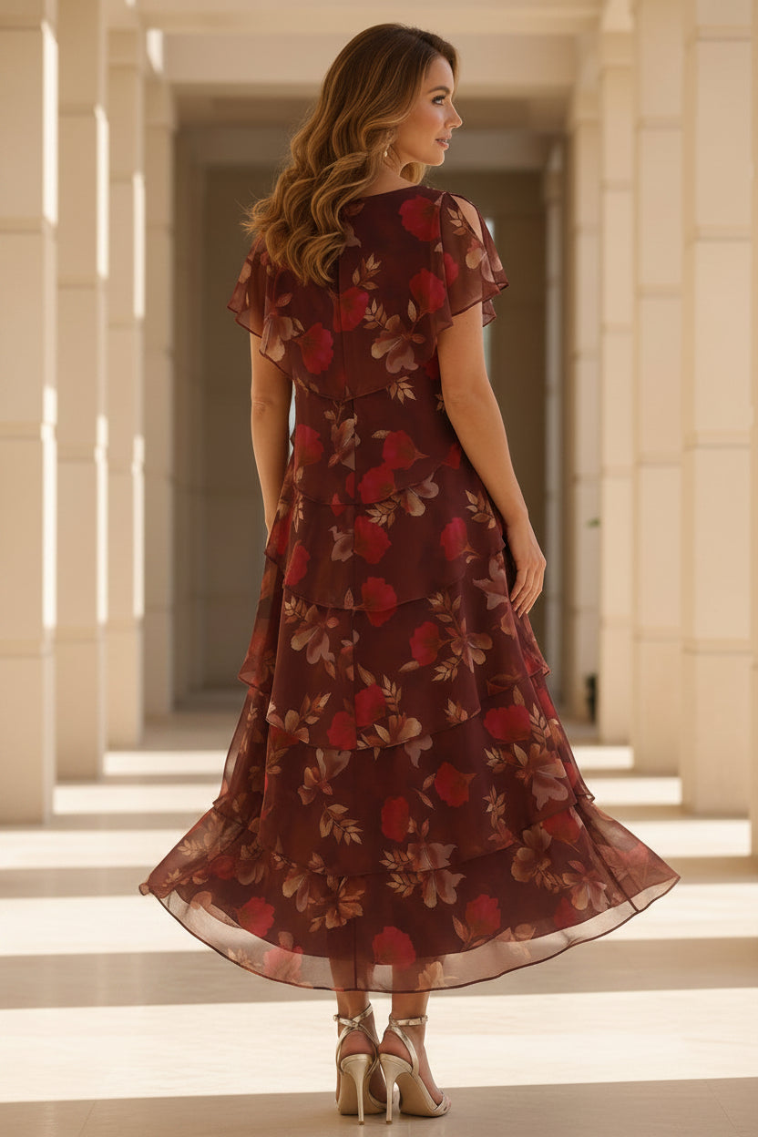 Tiered Floral Chiffon Mother of Bride Dress