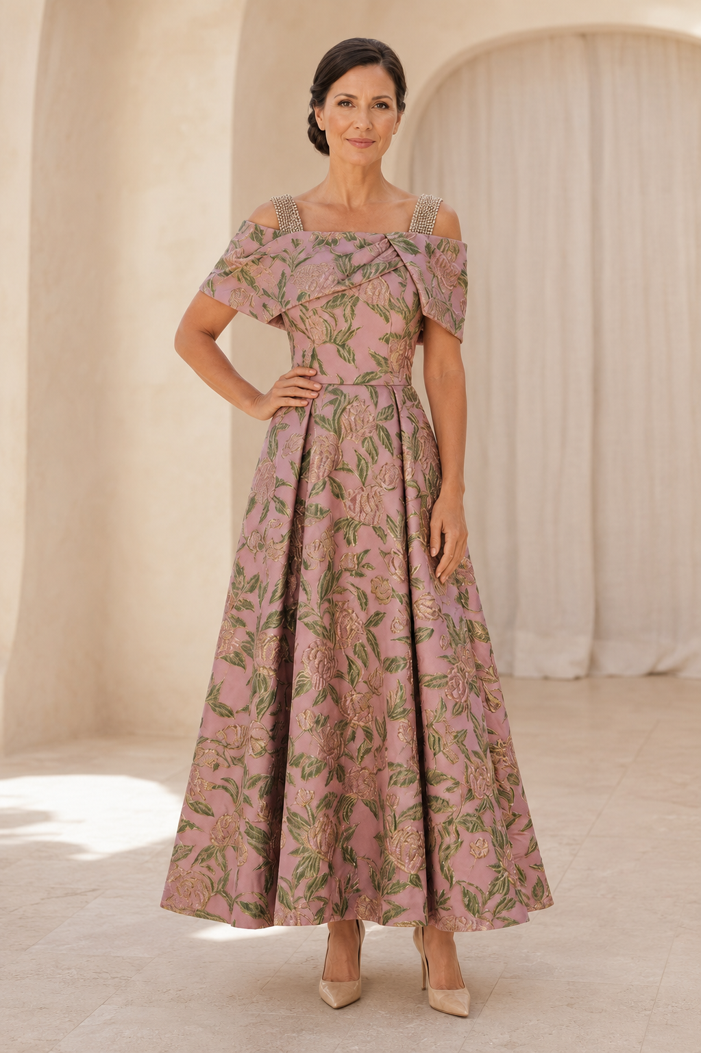Floral Jacquard Off-the-Shoulder A-Line Evening Gown