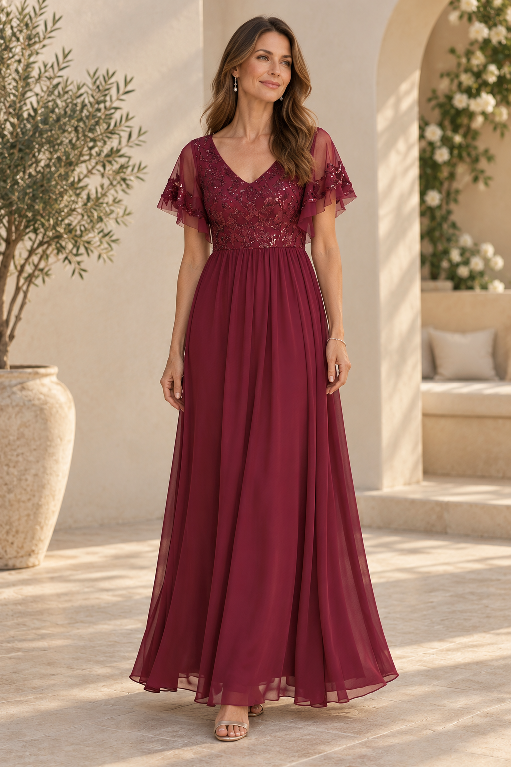 Sequin V-Neck Maxi Dress with Flutter Sleeves