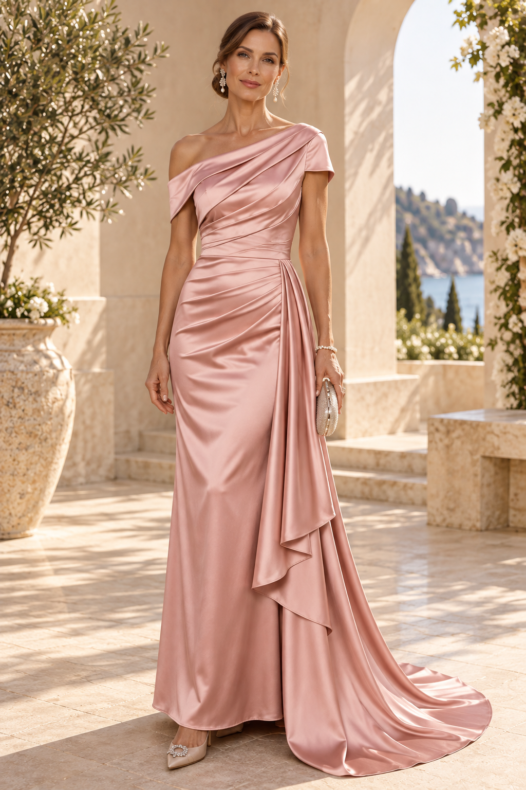 Asymmetrical Ruched Satin Gown with Cascading Drape