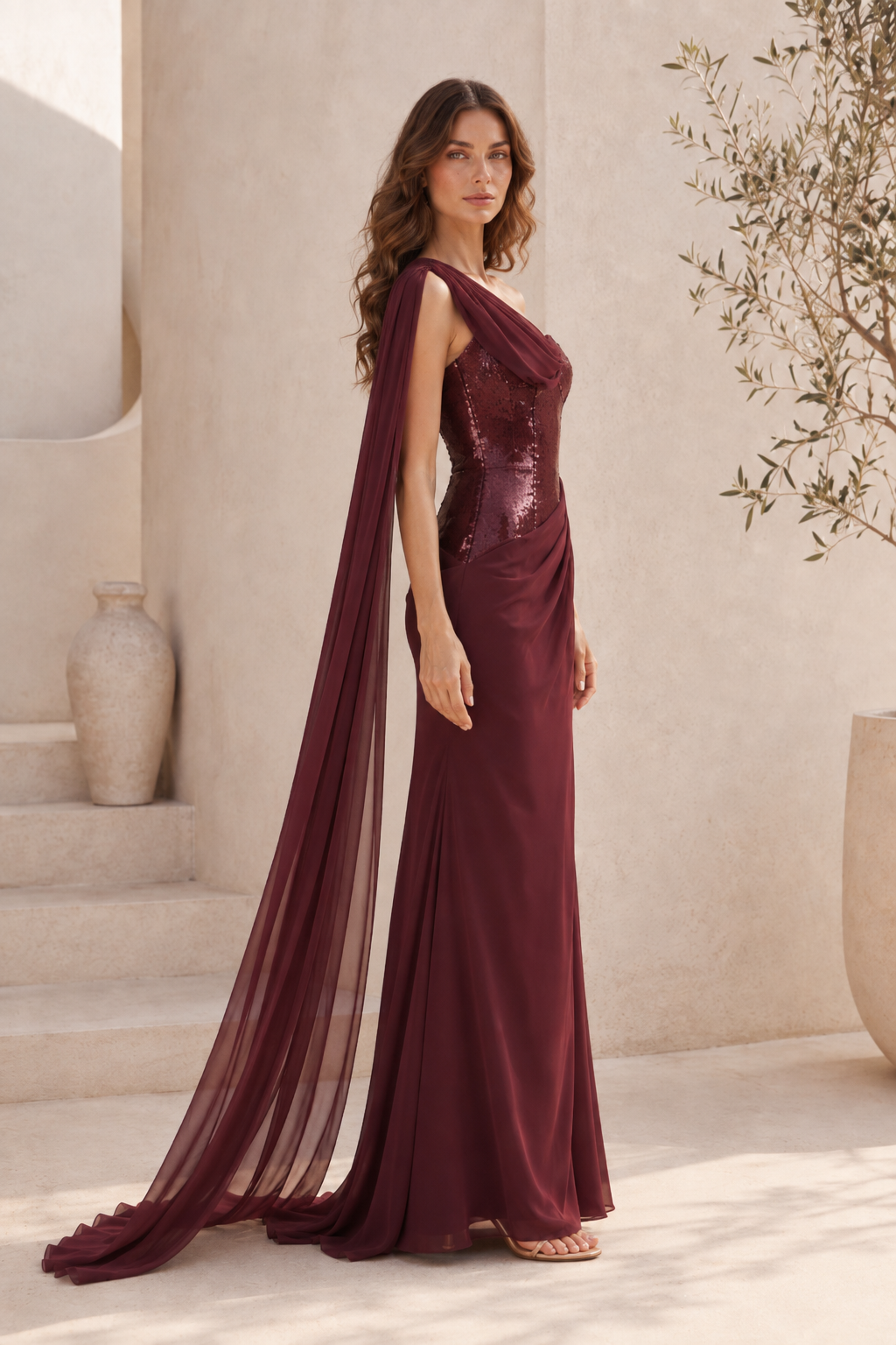 One-Shoulder Sequin Corset Evening Gown with Cape