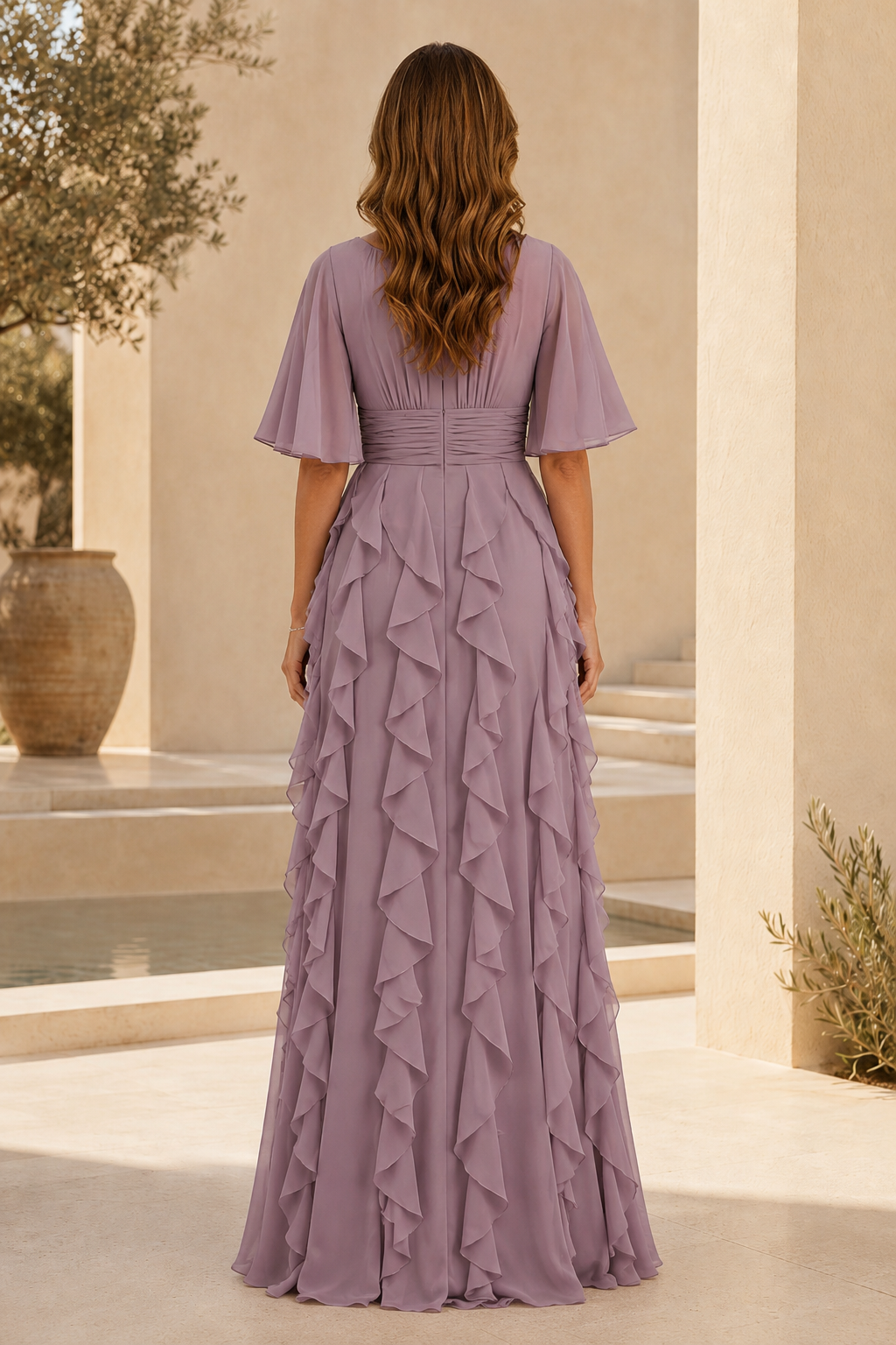 Flutter Sleeve Ruffled Tiered A-Line Evening Gown
