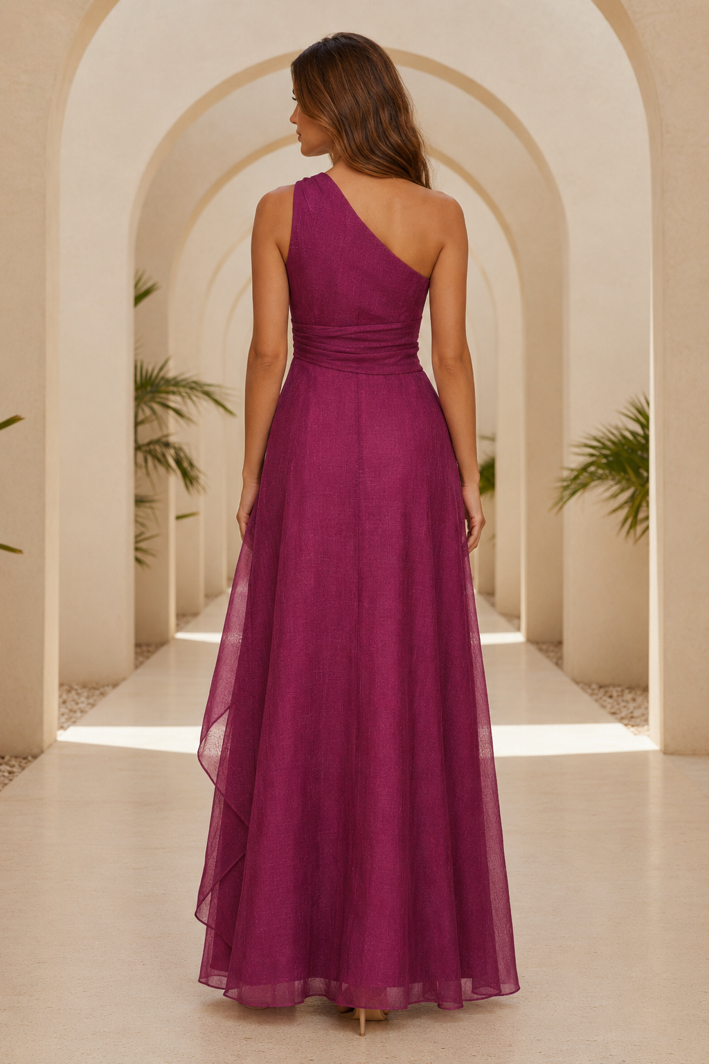 One Shoulder Pleated Waist Ruffle A-Line Evening Gown