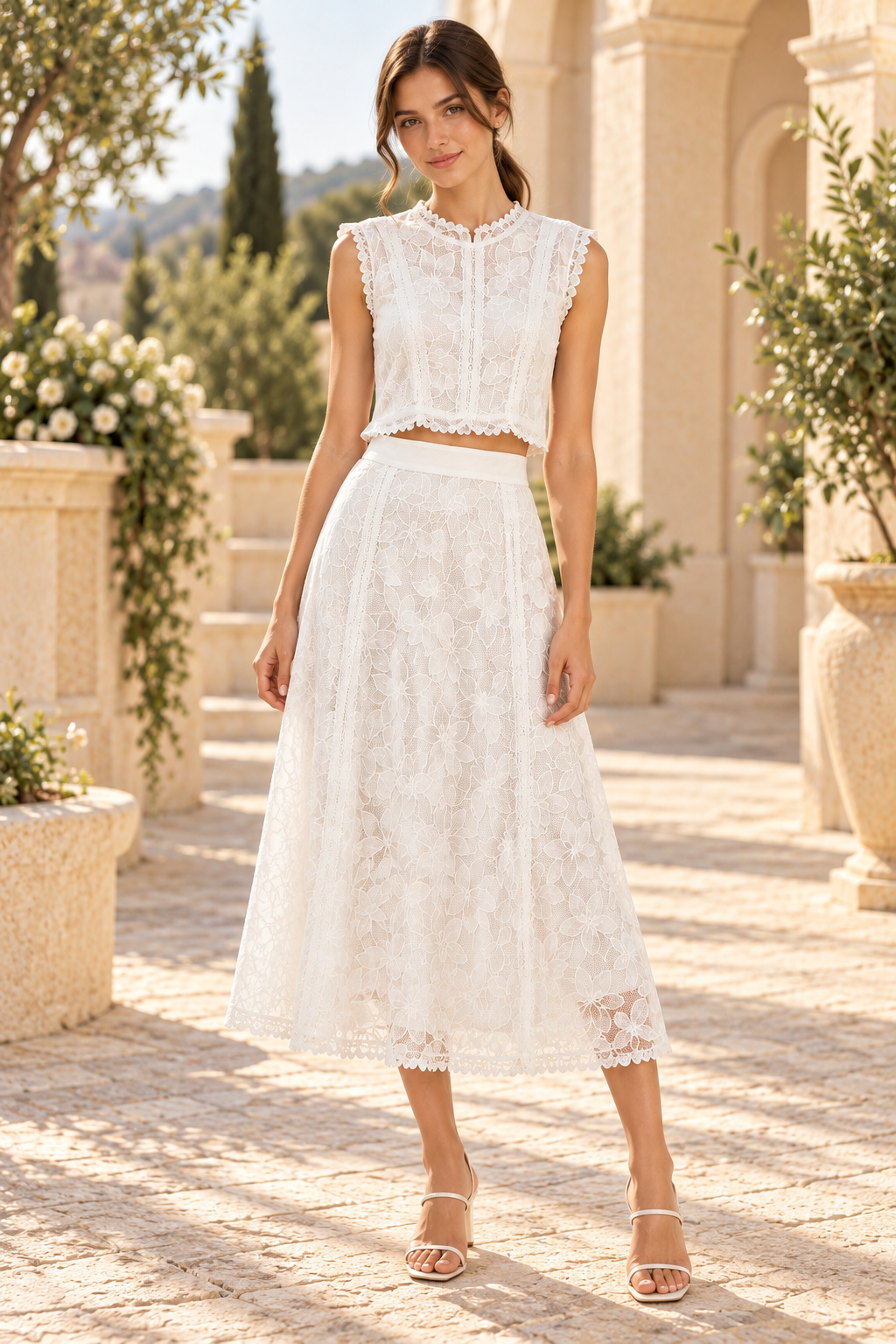 Floral Lace Crop Top and Midi Skirt Set