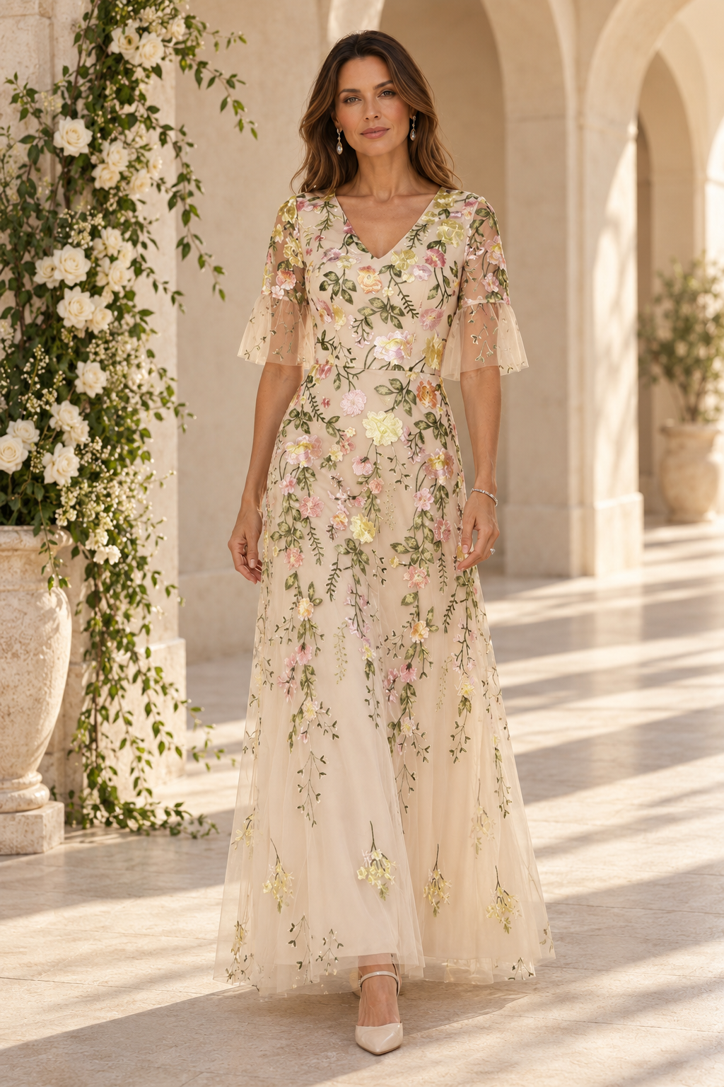 Embroidered Floral Tulle A-Line Maxi Dress
