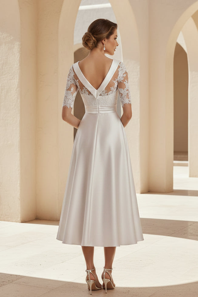 Tea-Length Lace Bodice Satin A-Line Dress