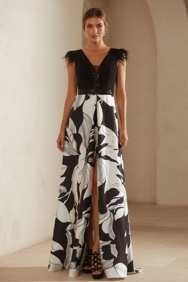 Floral Print V-Neck Evening Gown with Feather Trim