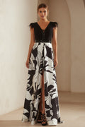 Floral Print V-Neck Evening Gown with Feather Trim