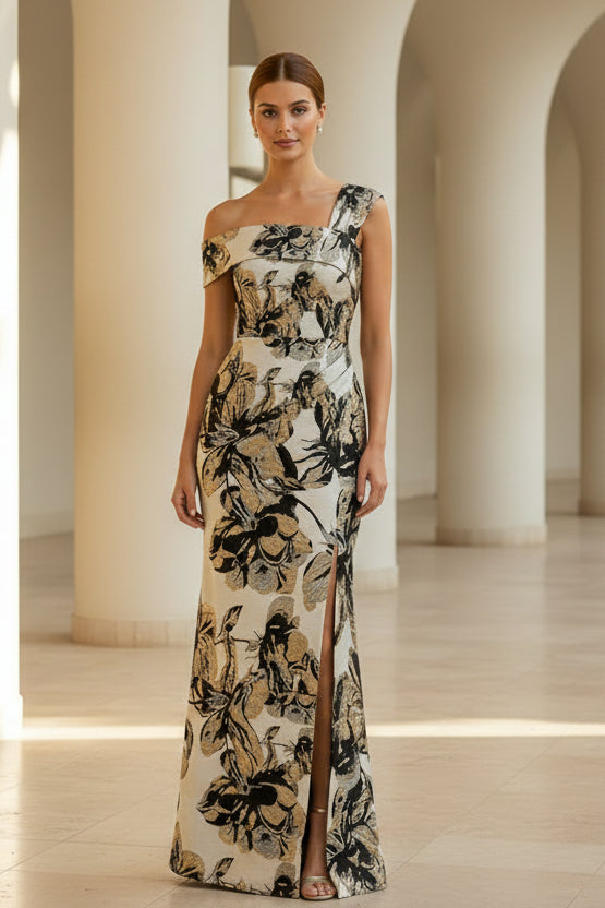 Floral Jacquard One-Shoulder Slit Evening Gown