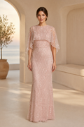 Sequin Mermaid Gown with Sheer Cape Sleeves