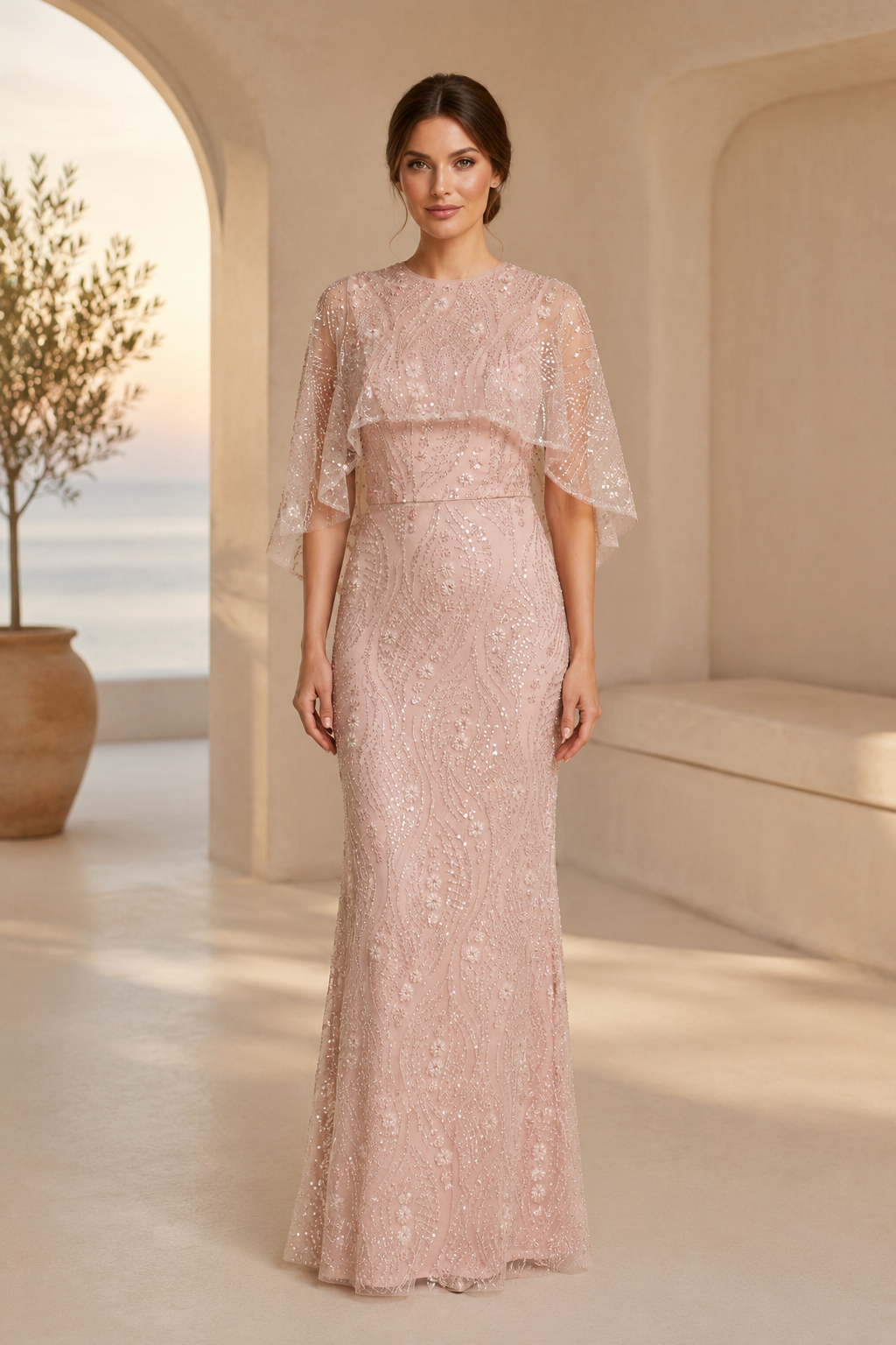 Sequin Mermaid Gown with Sheer Cape Sleeves