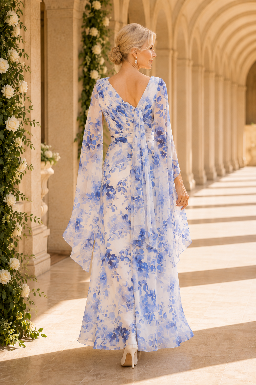 Floral High-Low Chiffon Gown with Cape Sleeves