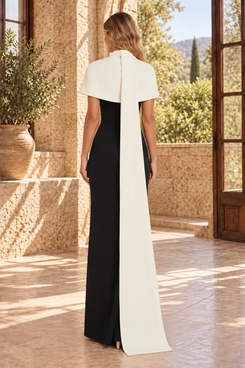 High Neck Cape Overlay Column Evening Gown