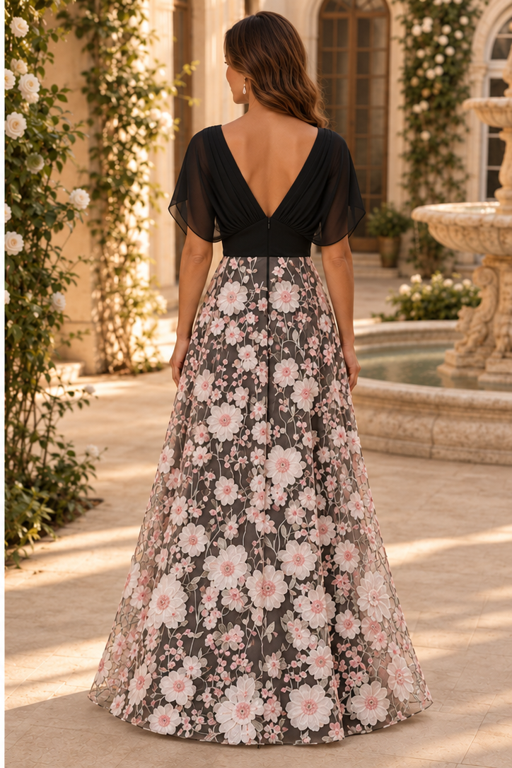 V-Neck Flutter Sleeve Floral A-Line Gown
