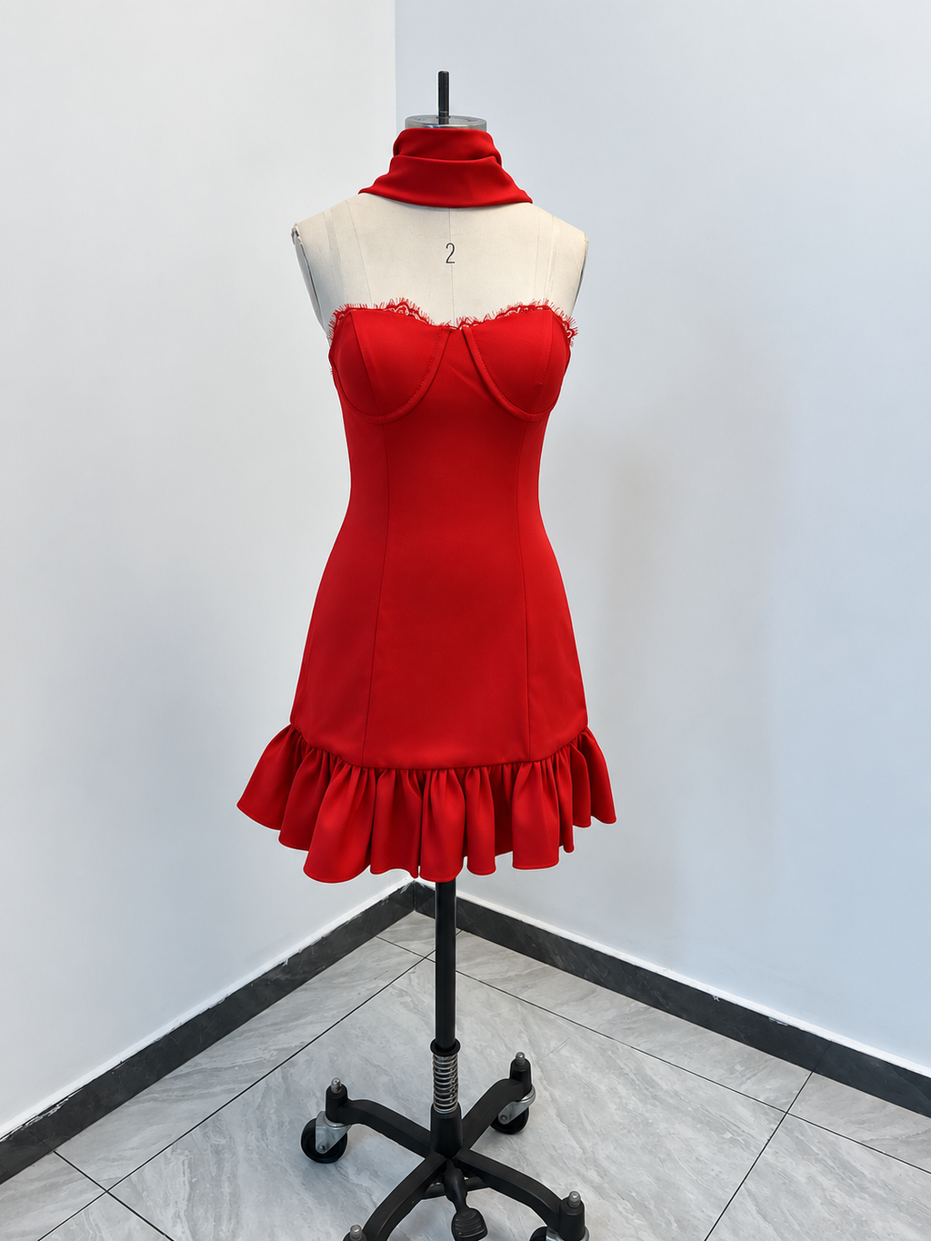 Strapless Sweetheart Ruffle Mini Dress with Scarf