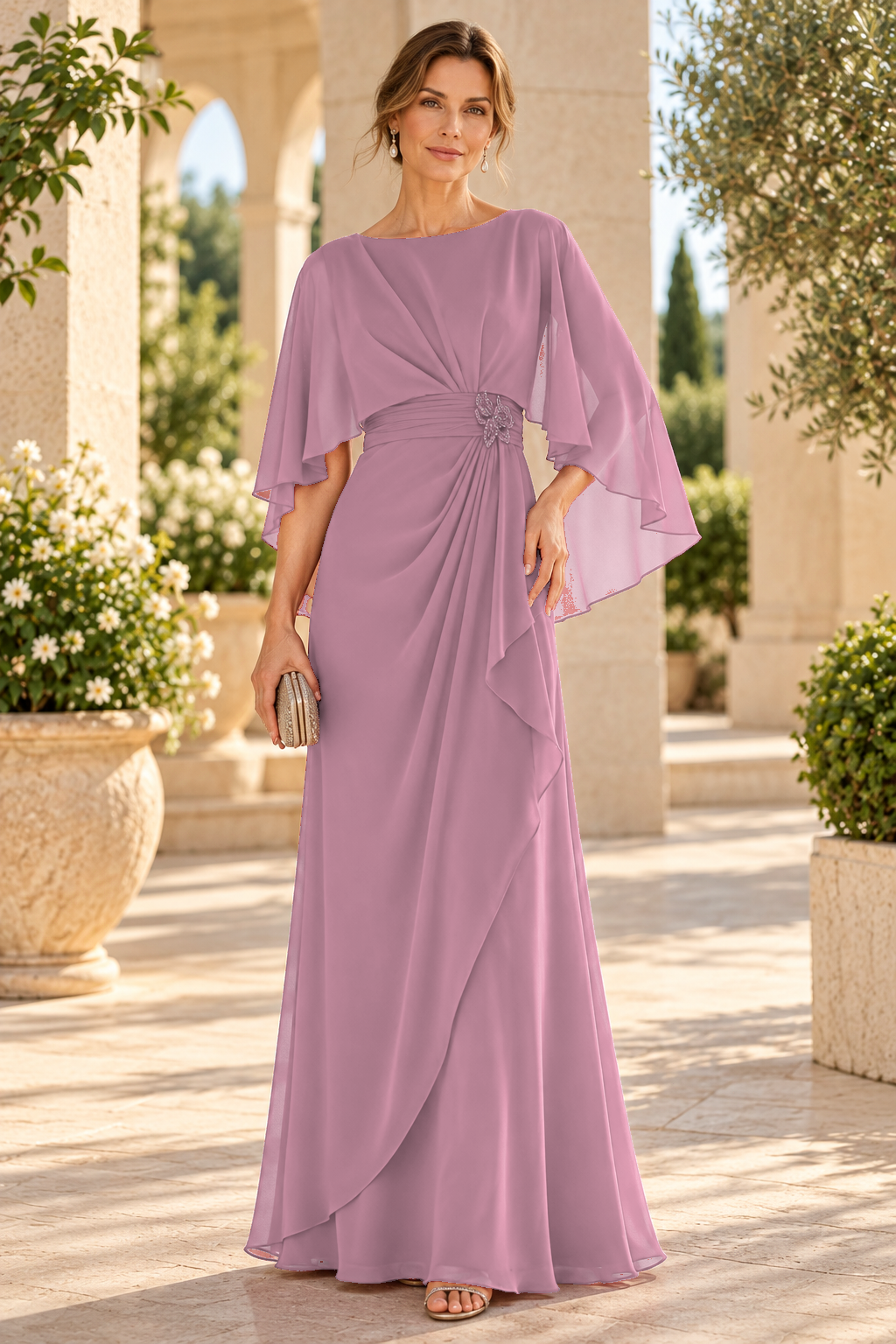 Chiffon Cape Sleeve Evening Dress with Brooch