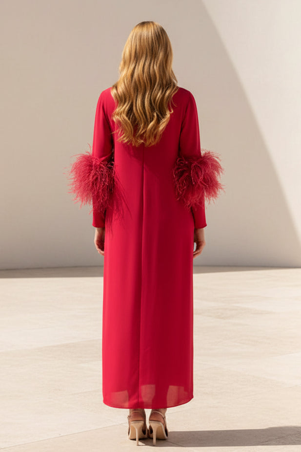 High Neck Midi Dress with Feather Trim Sleeves