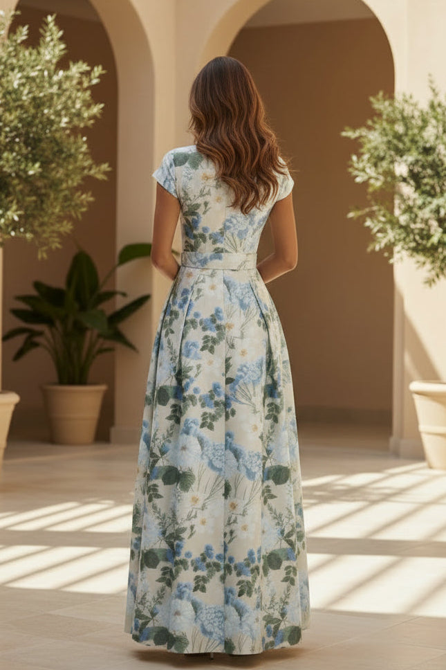 Floral Jacquard Belted A-Line Maxi Gown with Pockets