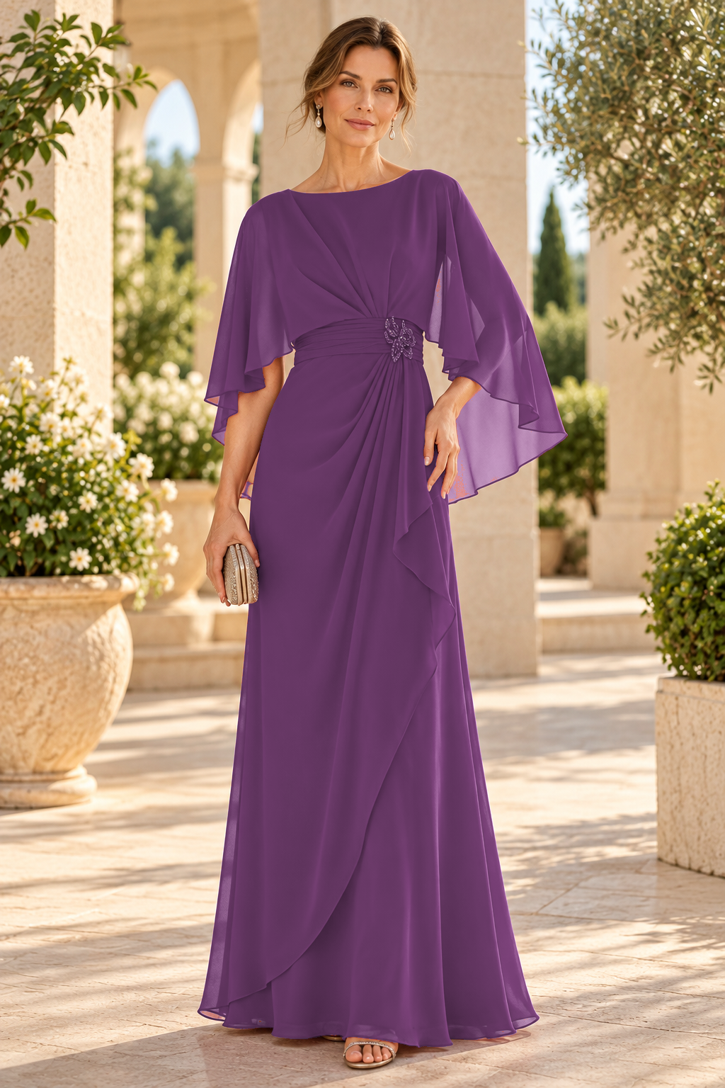 Chiffon Cape Sleeve Evening Dress with Brooch